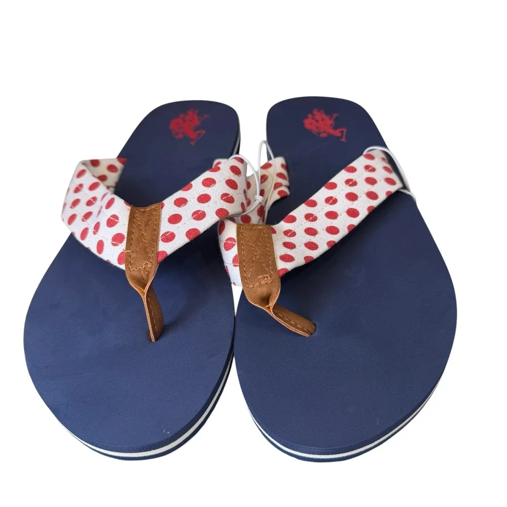 U.S. Polo Assn Womens Flip Flops 9-10 Navy Red Polka Dot Thong Sandals NWT NEW